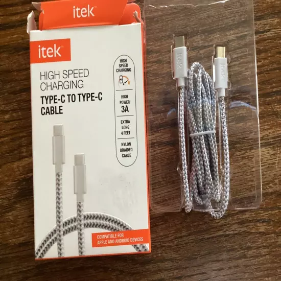 iTek Hi Speed Charging Cable Type-C To Type-C 4 ft Long Nylon Braided