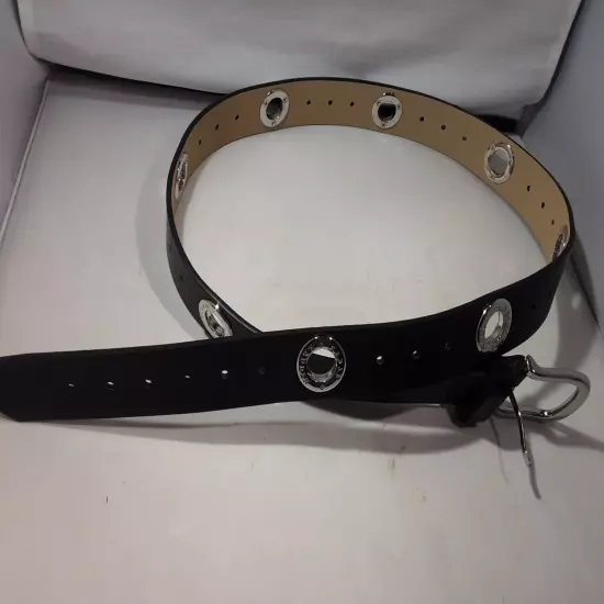 STEVE MADDEN 1.25" Black Vegan Leather Belt With Silvertone Open Round Hardware