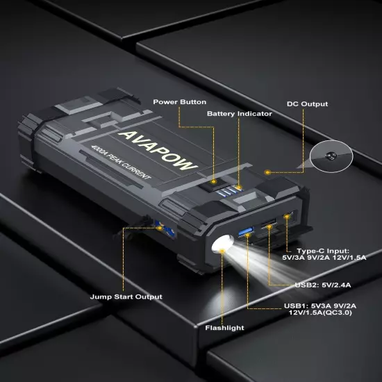 Car Jump Starter, 4000A Peak Battery (For All Gas or up to 10L Diesel), Portable