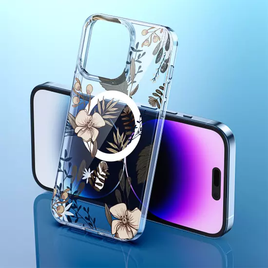 For iPhone 16 Pro Max 15 14 13 12 Floral Pattern Magnetic Clear Slim Phone Case