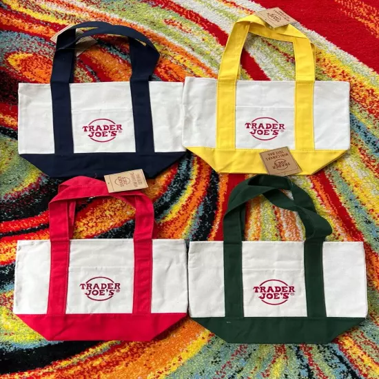 TRADER JOE'S CANVAS MINI Reusable tote bag NWT Set of 4 - Red+Blue+Green+Yellow