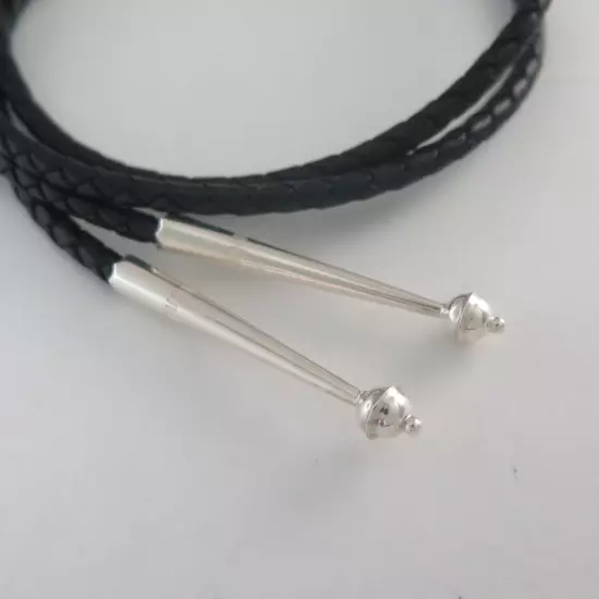 High Quality Braided Black Leather Bolo Tie Cord & Sterling Silver Tips