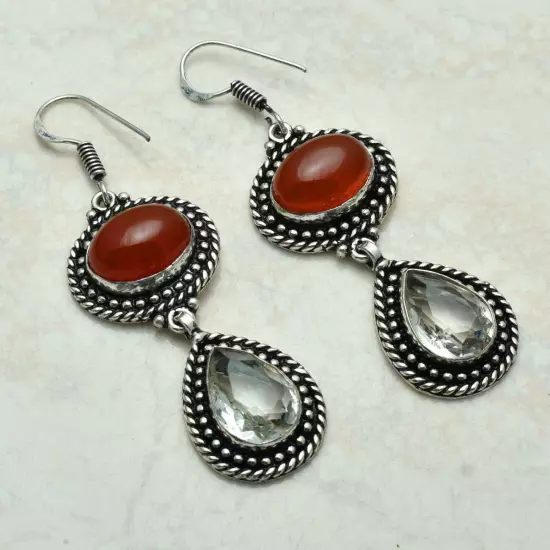 Carnelian White Topaz Handmade Drop Dangle Earrings Jewelry 6 AE-54434