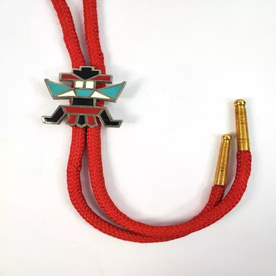 Vintage Bolo Tie Kachina Doll Enamel Inlay Slide Red Cord