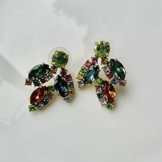 J Crew Crystal Leaf Multicolor Crystal Cluster Stud Statement Earrings