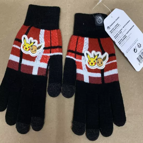 Pokémon Pikachu & Eevee Red & Black Plaid Touch Screen Gloves adult One Size