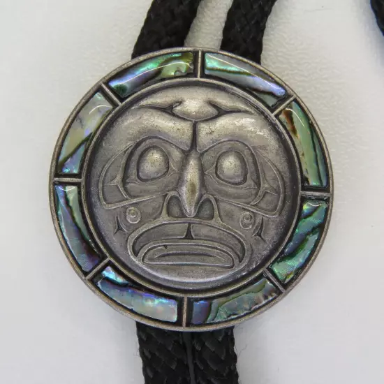 Signed Duri Mother of Pearl MOP Haida Northwest Coast Bolo Tie Black String