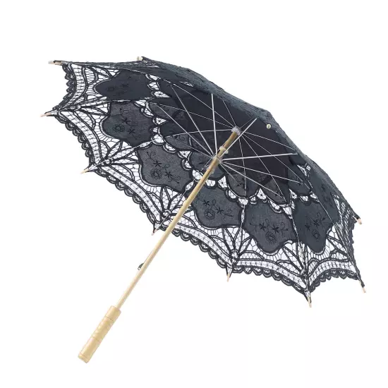 Black Lace Umbrella Sun Parasol Victorian Wedding Cosplay Lace Cotton Wood Metal