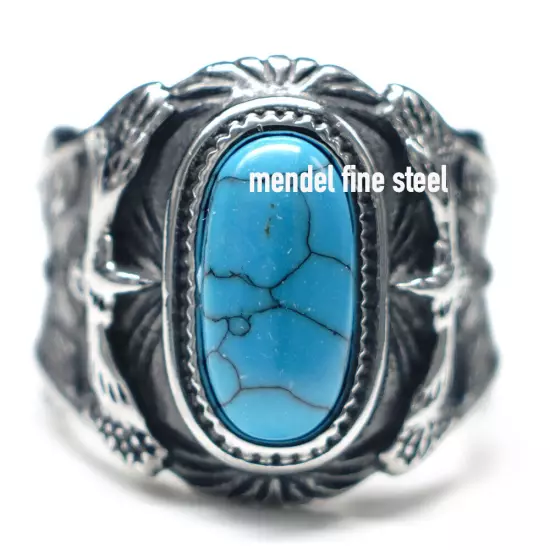 MENDEL Mens Large Biker Eagle Turquoise Stone Ring Men Stainless Steel Size 7-15