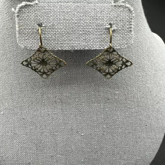 Copper Tone Fish Hook Earrings Diamond Shape Filigree 