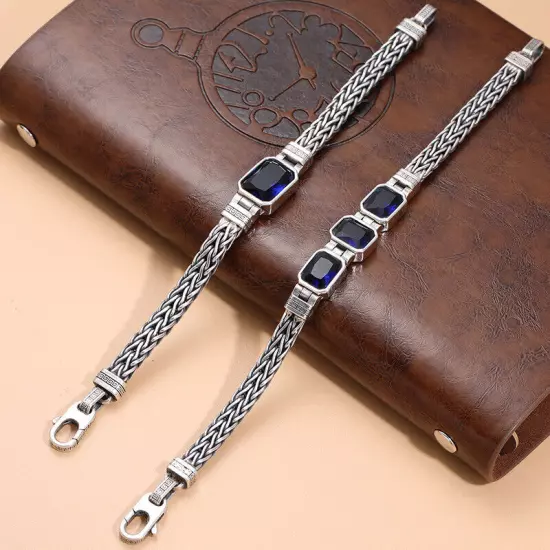 6MM Real 925 Sterling Silver Foxtail Braided Chain Blue Zircon Vintage Bracelet