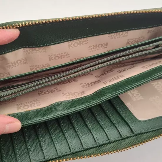 Michael Kors Wallet Zip Around Pebbled Leather Coin Purse Travel Organizer Green