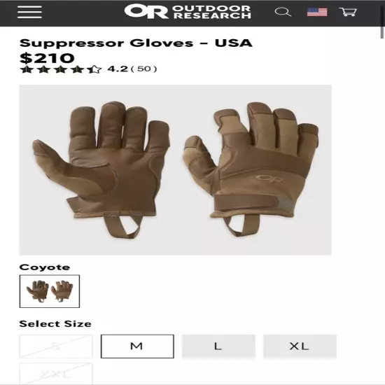 Outdoor Research USA Made Medium Suppressor Gloves Coyote Brown Leather 243131