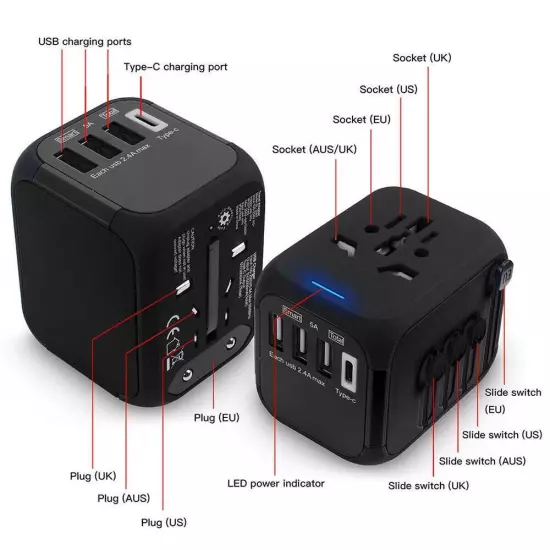 International Universal Travel Adapter 3 USB &Type-C Outlet Converter Plug Power