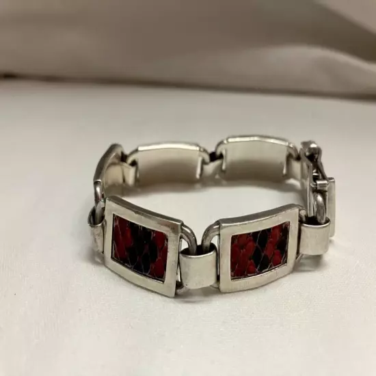 Vintage Versani Sterling Silver Link Men’s Bracelet With Red Snake Skin Inlay