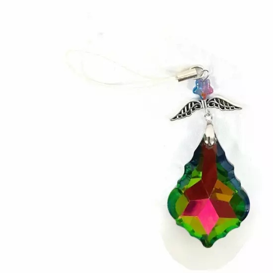 Tibetan Silver Pendant With Wing & Faceted Rainbow Crystal Jewel CellPhone Charm