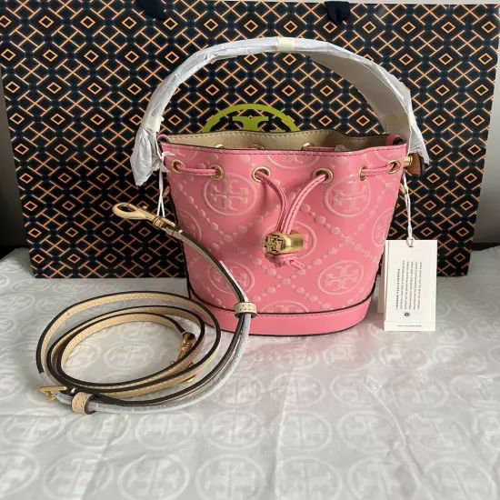 Tory Burch T Monogram Contrast Embossed Mini Bucket Bag Crossbody Bag Rose Pink