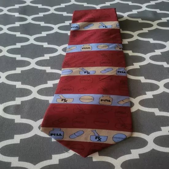 Vicky Davis Maroon 'Filler Up' Pharmacy RX Themed Tie, 100% silk - EUC