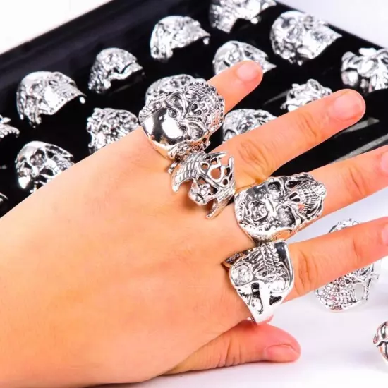 Wholesale 20pcs Skull Silver Biker Punk Party Gifts Fashion Jewelry Men's Rings