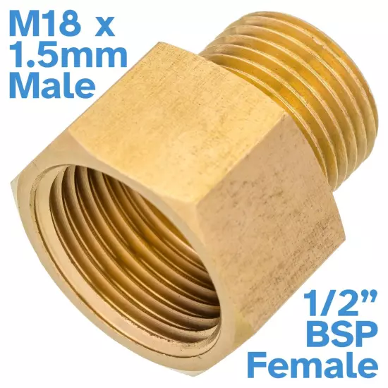 Brass Female 1/2" BSP To Male M18 x 1.5mm Pipe Reducer Threaded Adapter Fitting