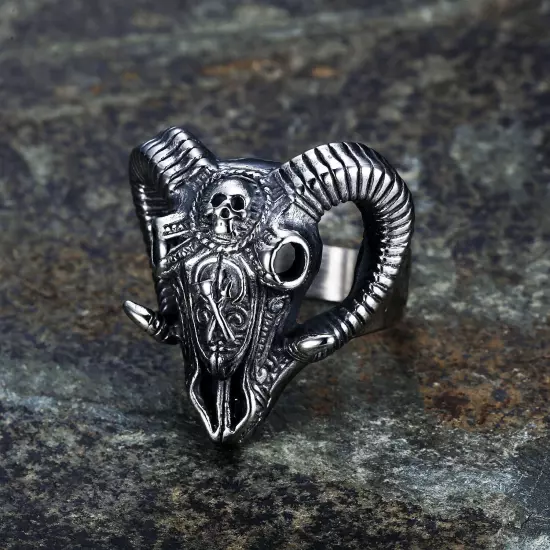 Evil Sacrifice Sorcerer Goat Head Mask Skull Ring Stainless Steel Punk Ram Ring