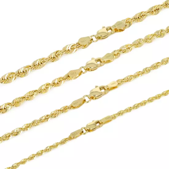 10K Yellow Gold 1mm-4mm Laser Diamond Cut Rope Chain Necklace Men Women 16"- 30"