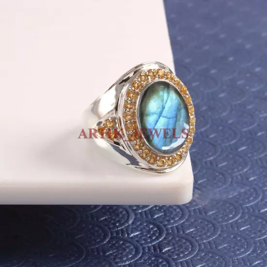 Natural Labradorite & Citrine Gemstone with 925 Sterling Silver Men's Ring #4849