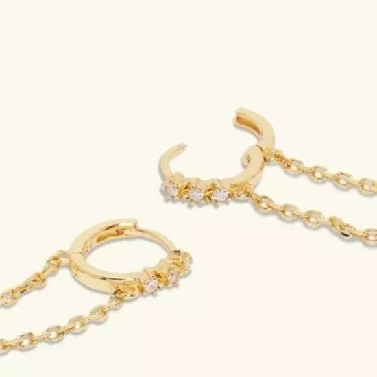 Edgy Modern Pave Huggies w/ dangle Chain Cubic Zirconia Gold Huggies Earrings