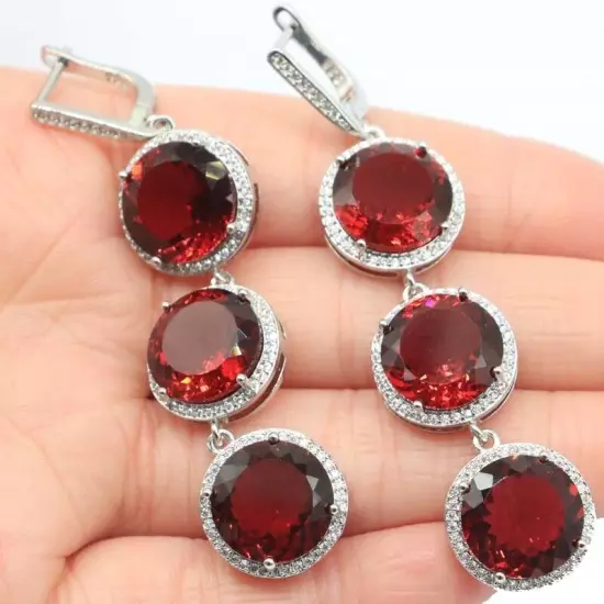 Hot Sell Long Big Round Shape Pink Raspberry Rhodolite Garnet CZ Silver Earrings