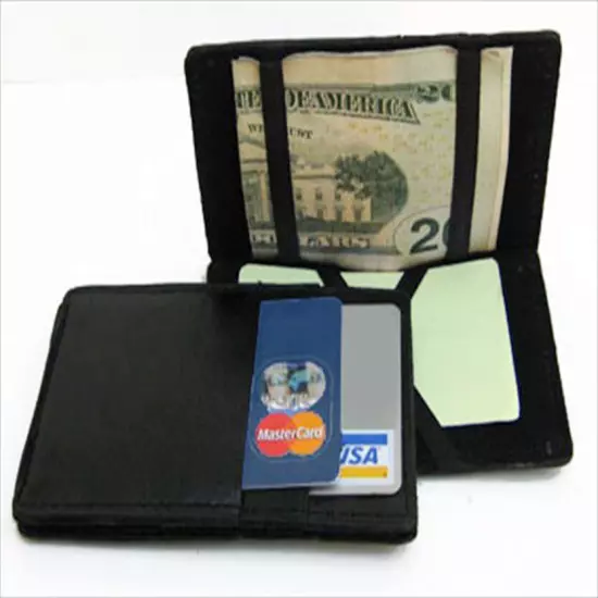 Black Genuine Leather Magic Wallet Ticket Thin Bill Holder For Mens Kids