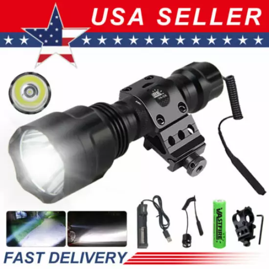 Tactical LED Flashlight Torch Hunting Light Rifle Picatinny Mount w/ Battery