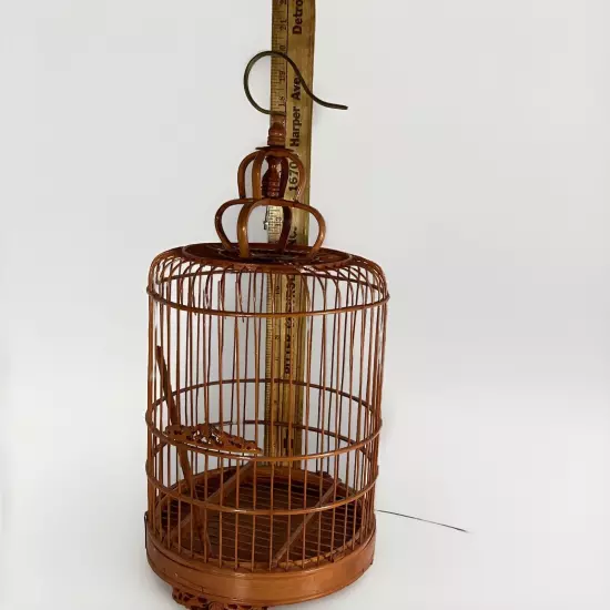 Vintage Bamboo & Teak Bird Cage 17" Curved Asian Chinoiserie Double Loop