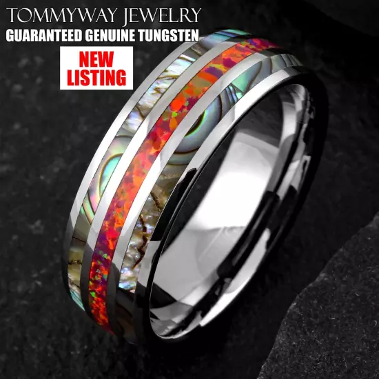 8mm Tungsten Men's Pink/Red Opal w/ Abalone Striped Wedding Band Ring