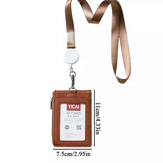 Leather 4-Slot ID Card Holder Badge Wallet Pocket W/ Retractable Neck Lany Ⓢ