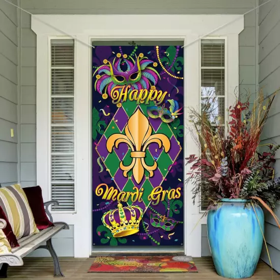 Mardi Gras Carnival Door Cover, Large Fabric Happy Mardi Gras Sign Party Door...