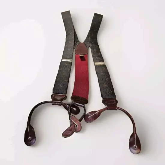 Trafalgar Silk Gray W/ Geometric Mustard And Red. Leather Button Braces. Tarnish