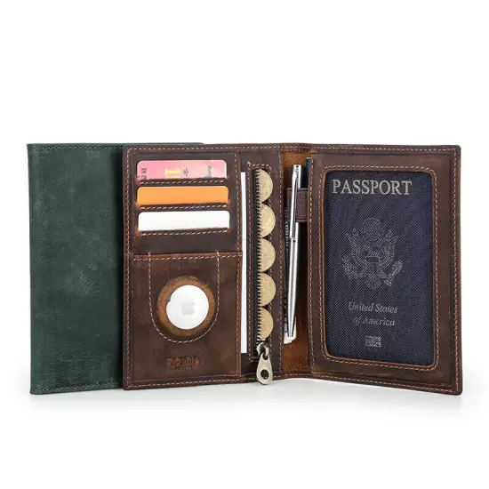 Genuine Leather RFID Coin Pen Passport Holder Bag Wallet AirTag Card Slot Travel