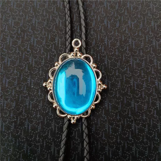 Vintage Men BOLO Tie Blue Gem Cabochon Necklace Wedding Alloy Western Cowboy