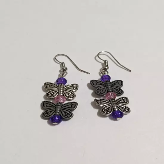 Silver Tone Hook/Dangle Butterfly Earrings With Acrylic Beads. Etched. Modern. 