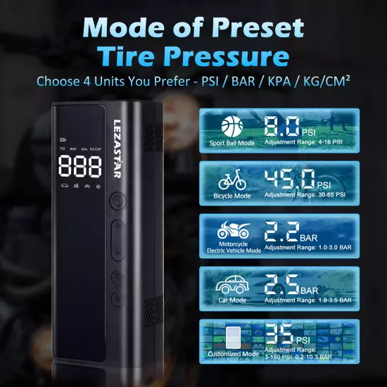 Hot 5 modes of car air pump, precise preset tire pressure lighting accessories