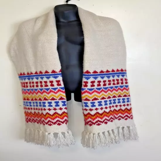 D&Y Knit Knitted Ski Scarf FAIR ISLE Geometric Winter Holiday FRINGE 90" X 16"