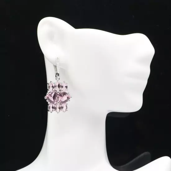 Romantic Pink Kunzite White CZ Ladies Wedding Silver Earrings 