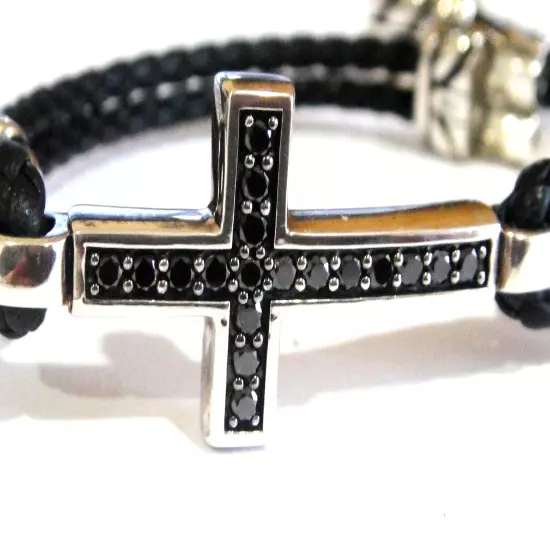 DAVID YURMAN SILVER LEATHER MENS BLACK DIAMOND CROSS BRACELET