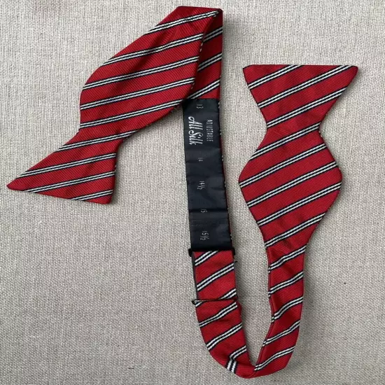 Vintage Silk Bow Tie Red, White Navy Stripe Self-Tie Adjustable 2”