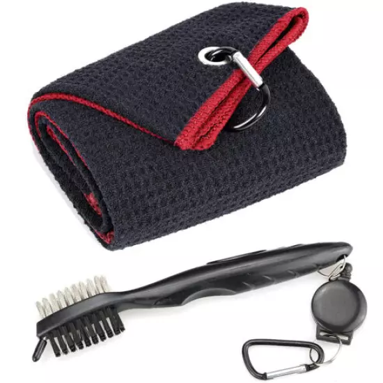 Microfiber Waffle Pattern Tri-fold Golf Towel Brush Tool w/ Club Groove Cleaner