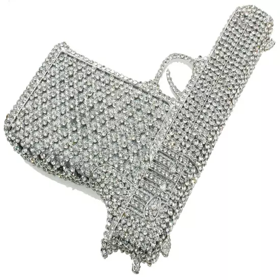 XL Gun Luxury Evening bag crystal purse clutch evening party purse Silver