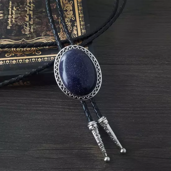 American Western Retro Dark Blue Rock Sand Stone Bolo Tie Genunie Leather