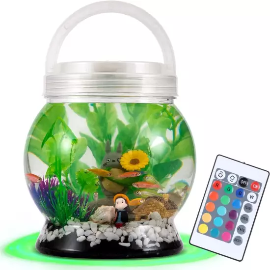 Small Betta Tetra Fish Tank Decorations Set-Aquarium with 20 Color LED Lighting,