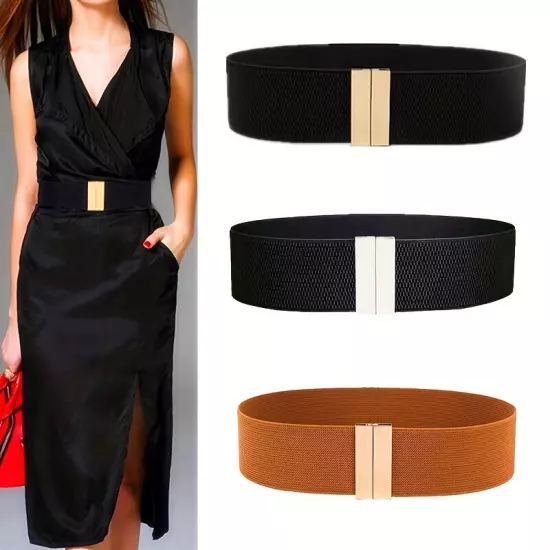 Ladies Stretch Waist Belt Metal Buckle Wide Elastic Dress Corset Cinch Waistband