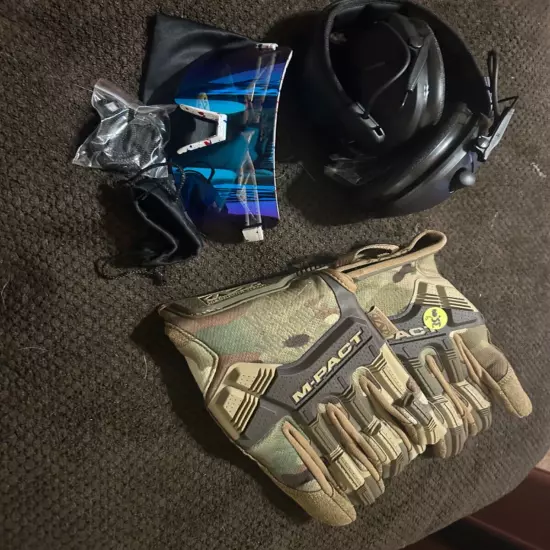 M-pact gloves, Omekel full shield sunglasses, and Peltor sport earpro